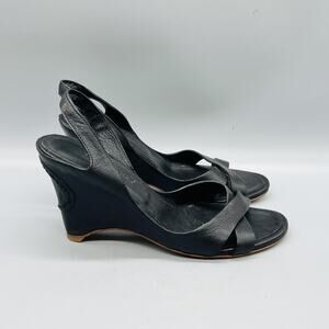 Roberto Del Carlo Sandals Womens 6.5 Black Leather Slingback Wedge Heel Shoes